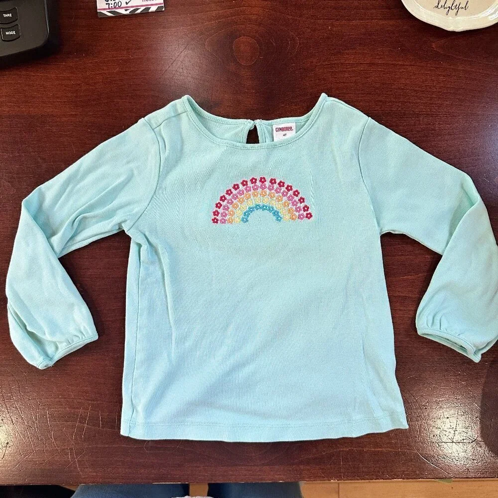 Vintage GYMBOREE Embroidered Rainbow Mint Green Long Sleeve T Shirt Size 4T